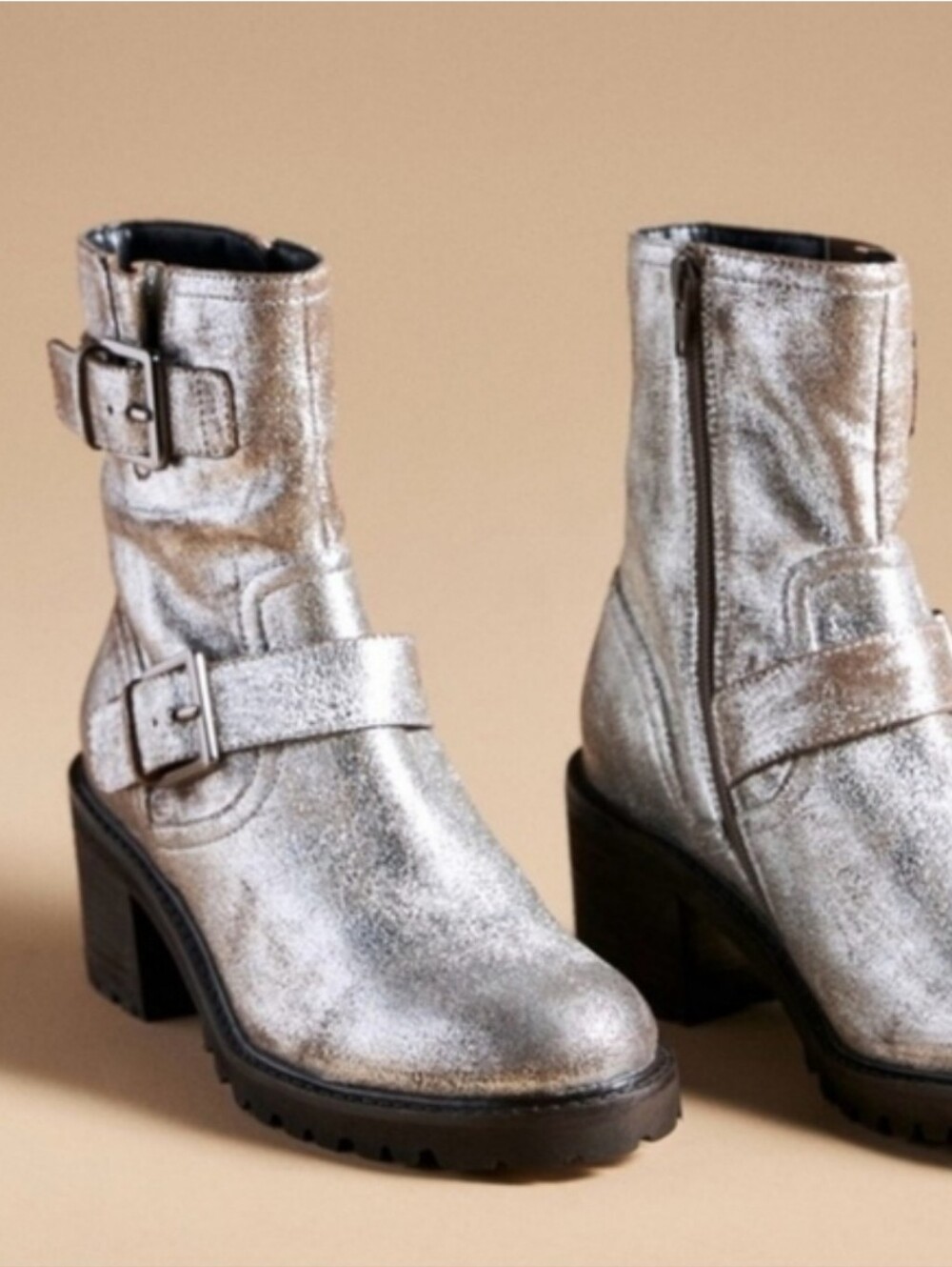 SEYCHELLES Boot Moto Biker Metallic Chunky Lug Distress Silver Anthro Ankle 7.5